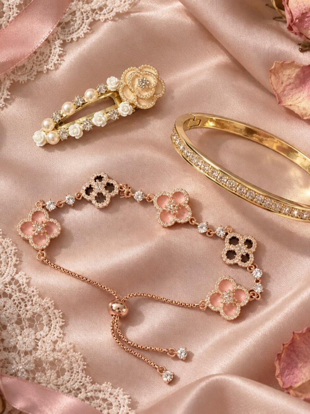 Champagne Rose Set 3pc Camellia Pearl Hair Clip Gold Bangle Clover Bracelet